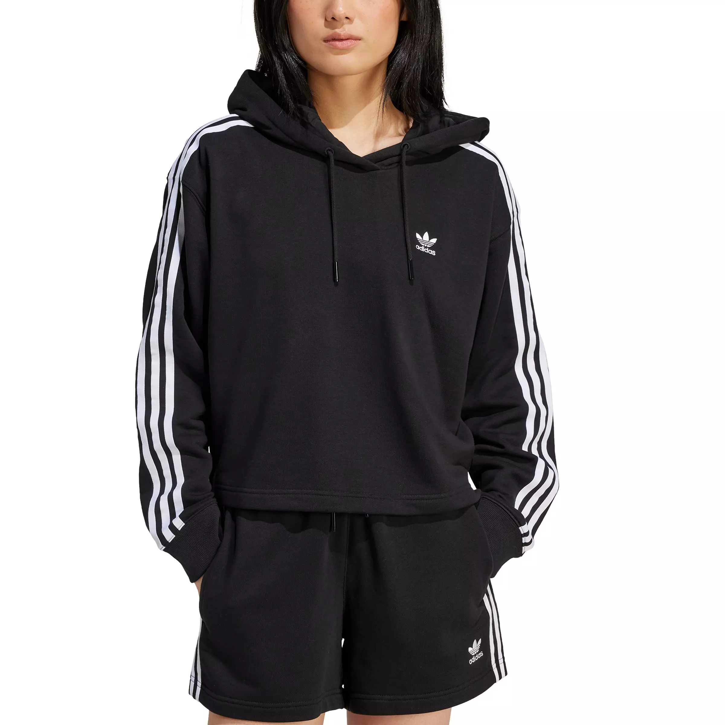 adidas Originals Women s Adicolor 3 Stripes Short Hoodie Black Hibbett